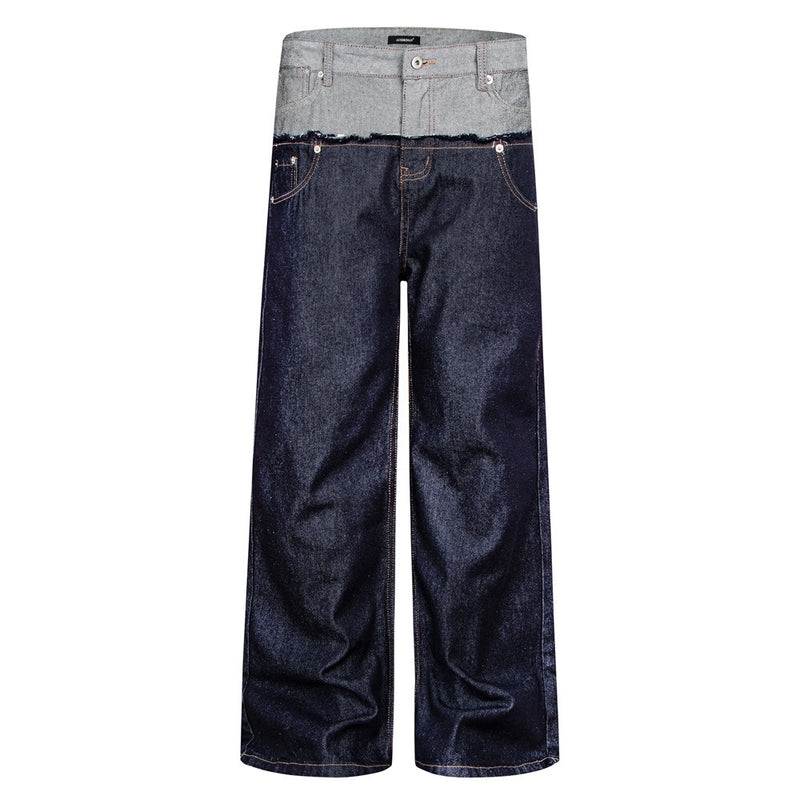 Jean homme coupe ample – Denim brut à double ceinture avec empiècements effilochés &
