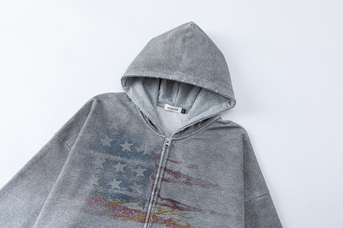 Sweat à capuche zippé drapeau américain usé – Streetwear vintage délavé