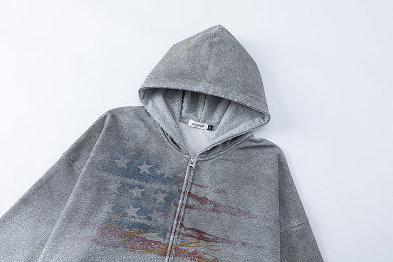 Sweat à capuche zippé drapeau américain usé – Streetwear vintage délavé