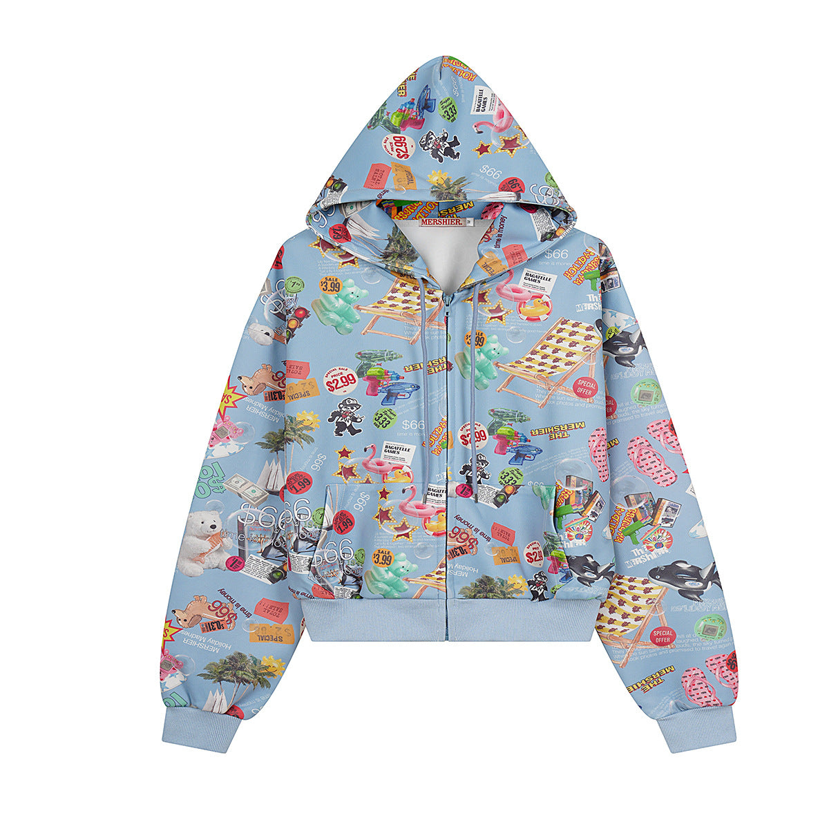 Sweat à capuche court zippé bleu clair avec imprimé collage de dessins animés intégral mettant en scène des ours polaires, des flamants roses, des orques et du pr rétro