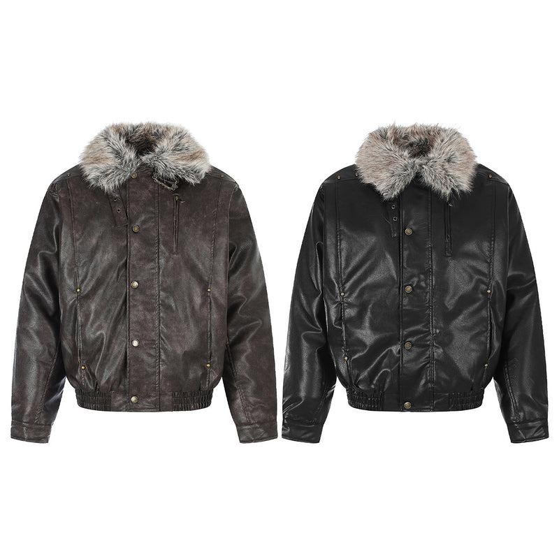 Brown and black faux leather bomber jackets with gray fur collars shown side by side