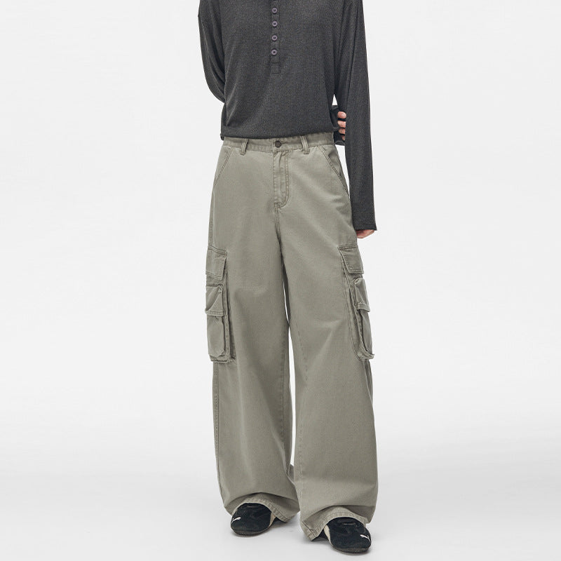 Pantalon cargo homme à jambes larges – Pantalon droit délavé à poches multiples