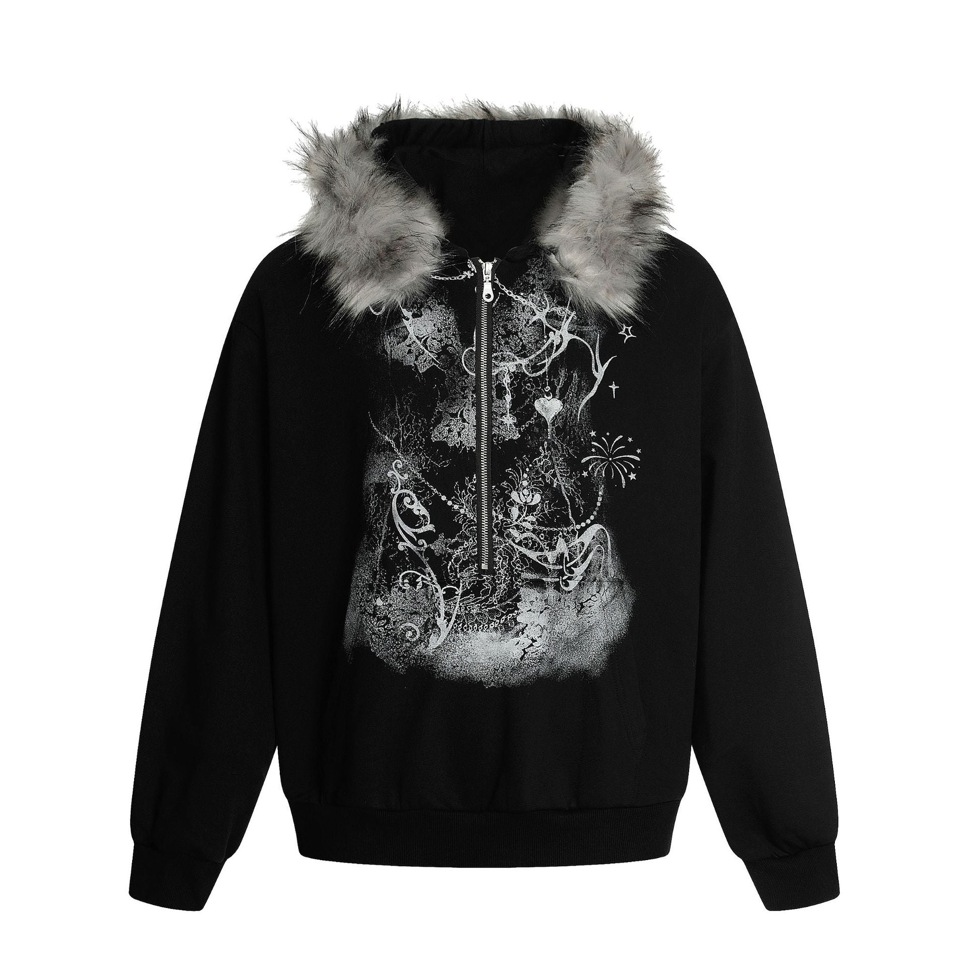 Faux Fur Trim Half-Zip Hoodie with Gothic Floral Graphic Print