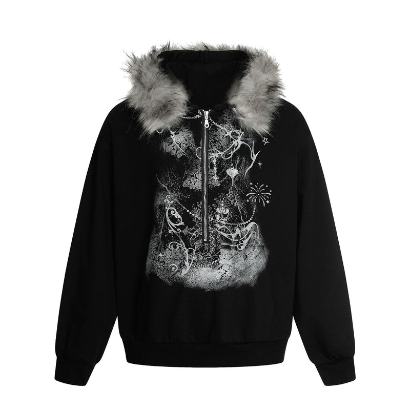Faux Fur Trim Half-Zip Hoodie with Gothic Floral Graphic Print