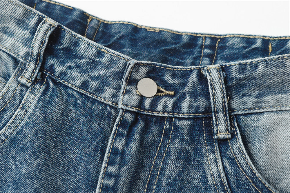 Gradient Washed Ripped Wide-Leg Jeans – Baggy Patchwork Dad Pants