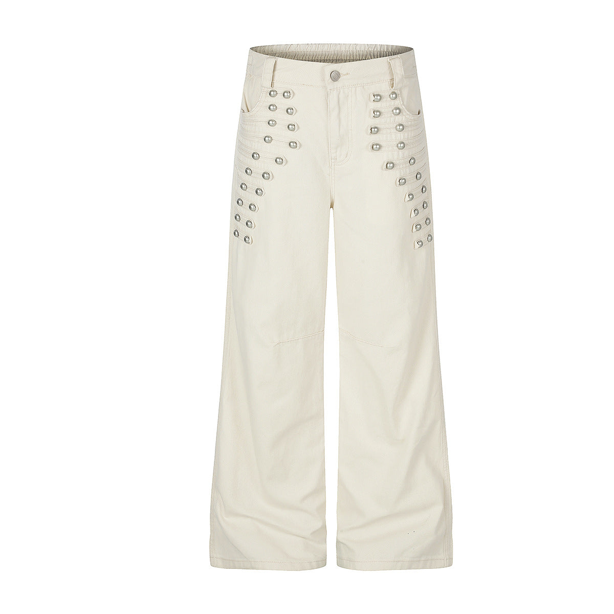 Wide-leg cotton trousers with dome metal rivet detailing on front hip panels, shown in off-white and black