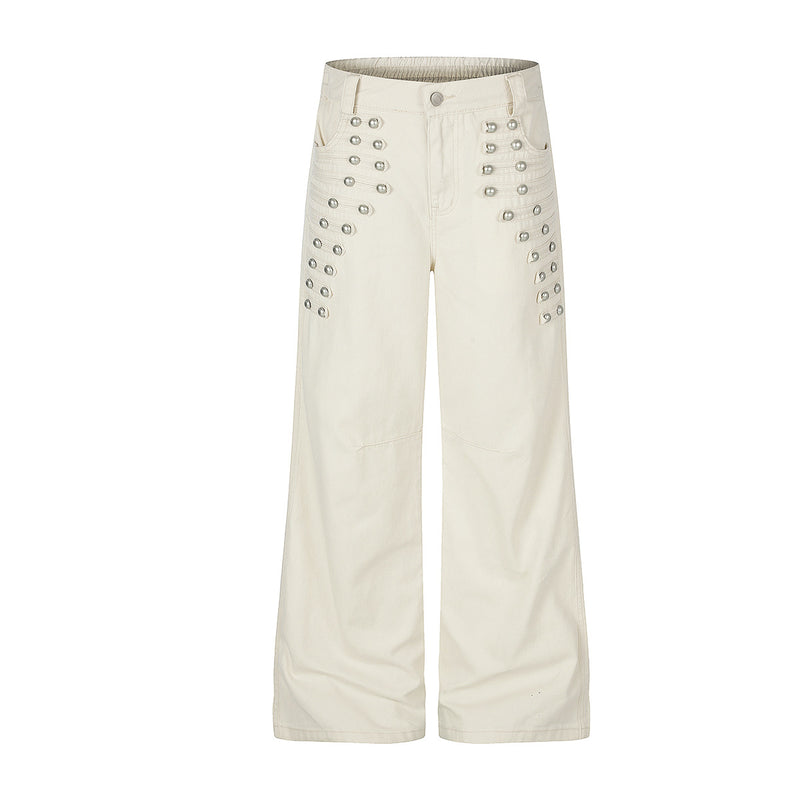 Wide-leg cotton trousers with dome metal rivet detailing on front hip panels, shown in off-white and black
