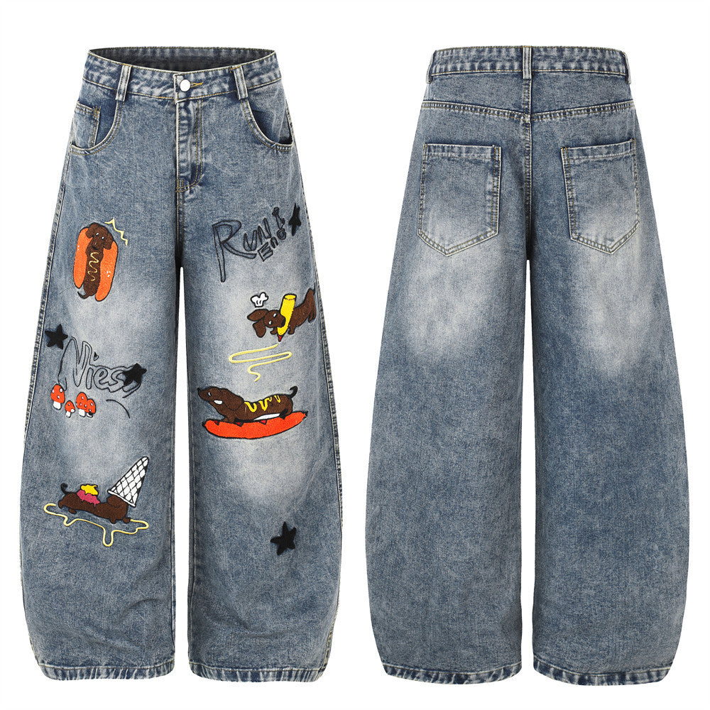 Men's vintage washed wide-leg jeans with all-over cartoon dachshund embroidery and curved hem, front and back view