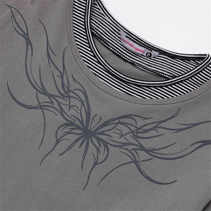 Men's Faux Two-Piece Striped Long Sleeve T-Shirt with Abstract Tribal Print