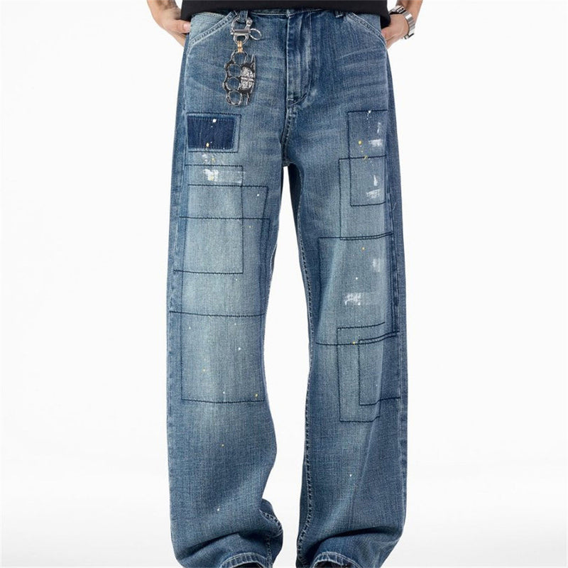 Vaqueros de hombre vintage de pierna ancha con patchwork y salpicaduras de pintura