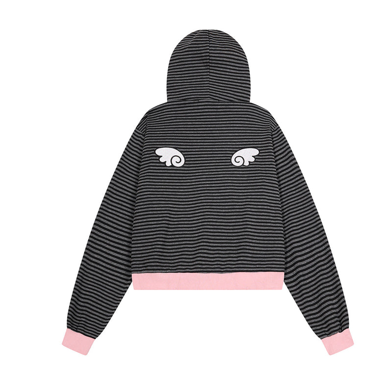Hoodie zippé graphique Anime Angel – Rayures noires et finitions roses