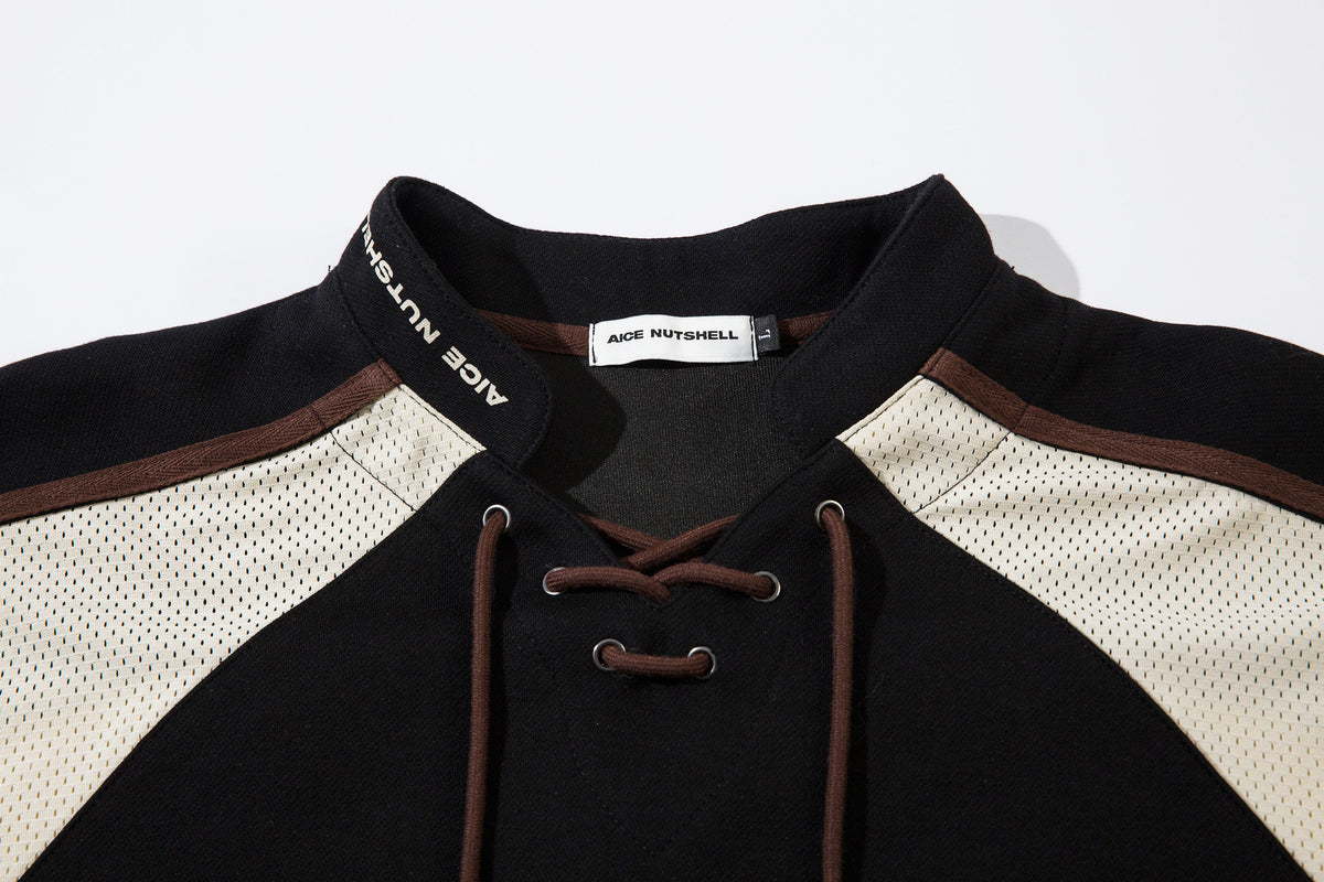 Lace-Up Hockey Jersey Sweatshirt – Colorblock Mesh Panel Pullover