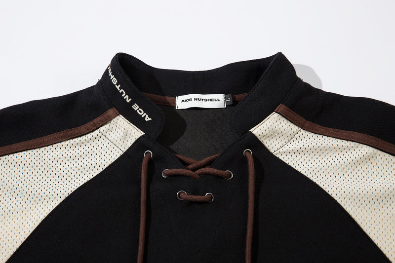 Lace-Up Hockey Jersey Sweatshirt – Colorblock Mesh Panel Pullover
