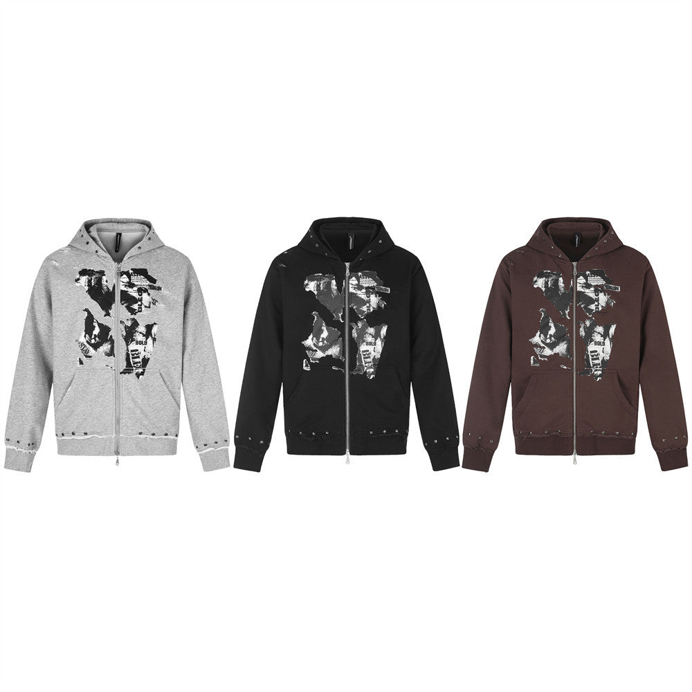 Men's zip-up hoodie in gray, black and brown shown front view with abstract graphic print and stud details