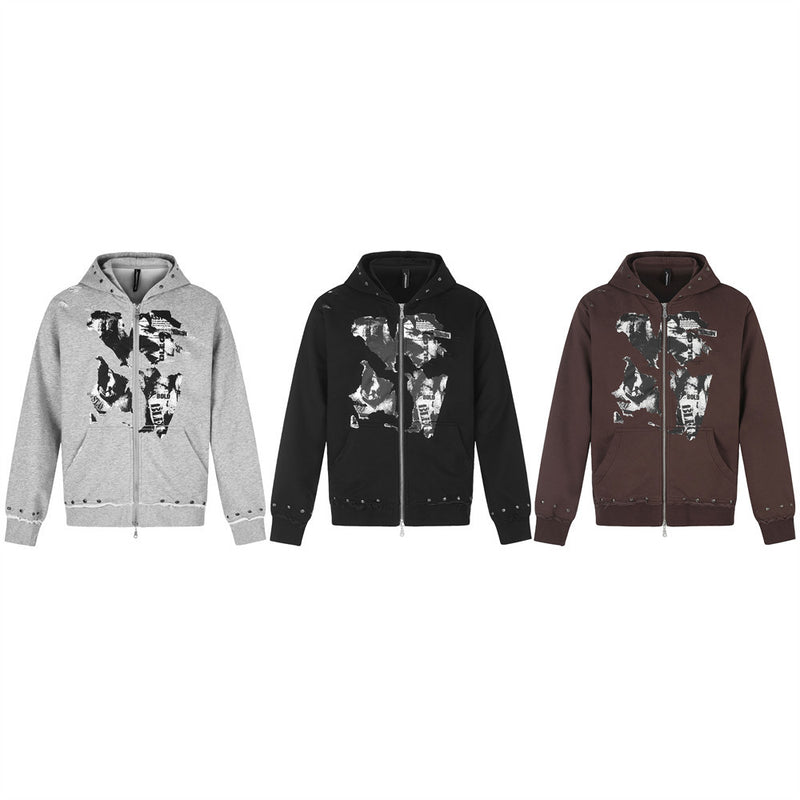 Men's zip-up hoodie in gray, black and brown shown front view with abstract graphic print and stud details