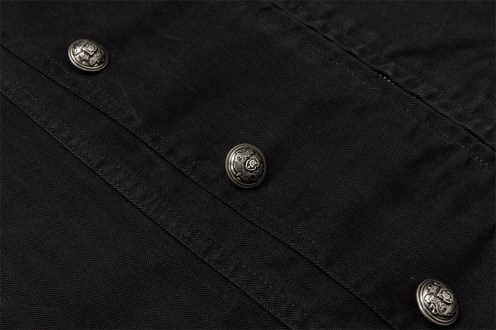 Black Double-Breasted Military Jacket – Stand Collar Structured Workwear Coat