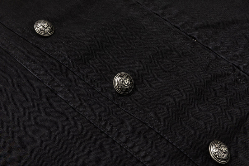 Black Double-Breasted Military Jacket – Stand Collar Structured Workwear Coat