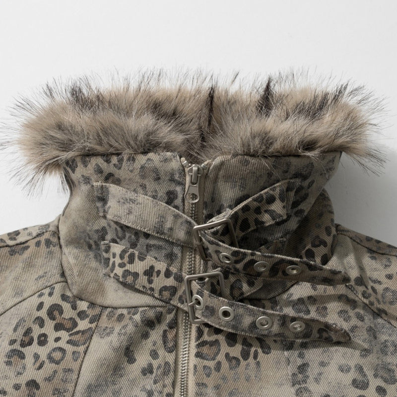 Leopard Print Zip-Up Jacket with Faux Fur Collar & Sherpa Lining