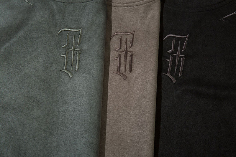 Men's Oversized Suede-Finish Thorn Embroidery Short Sleeve T-Shirt