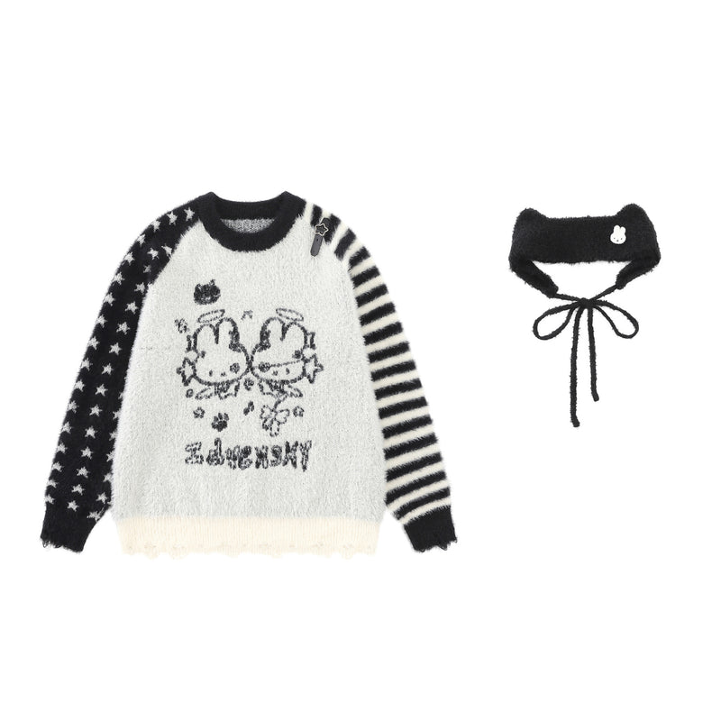 Cartoon Rabbit Angel Knit Sweater – Mixed Star & Stripe Fuzzy Pullover with
