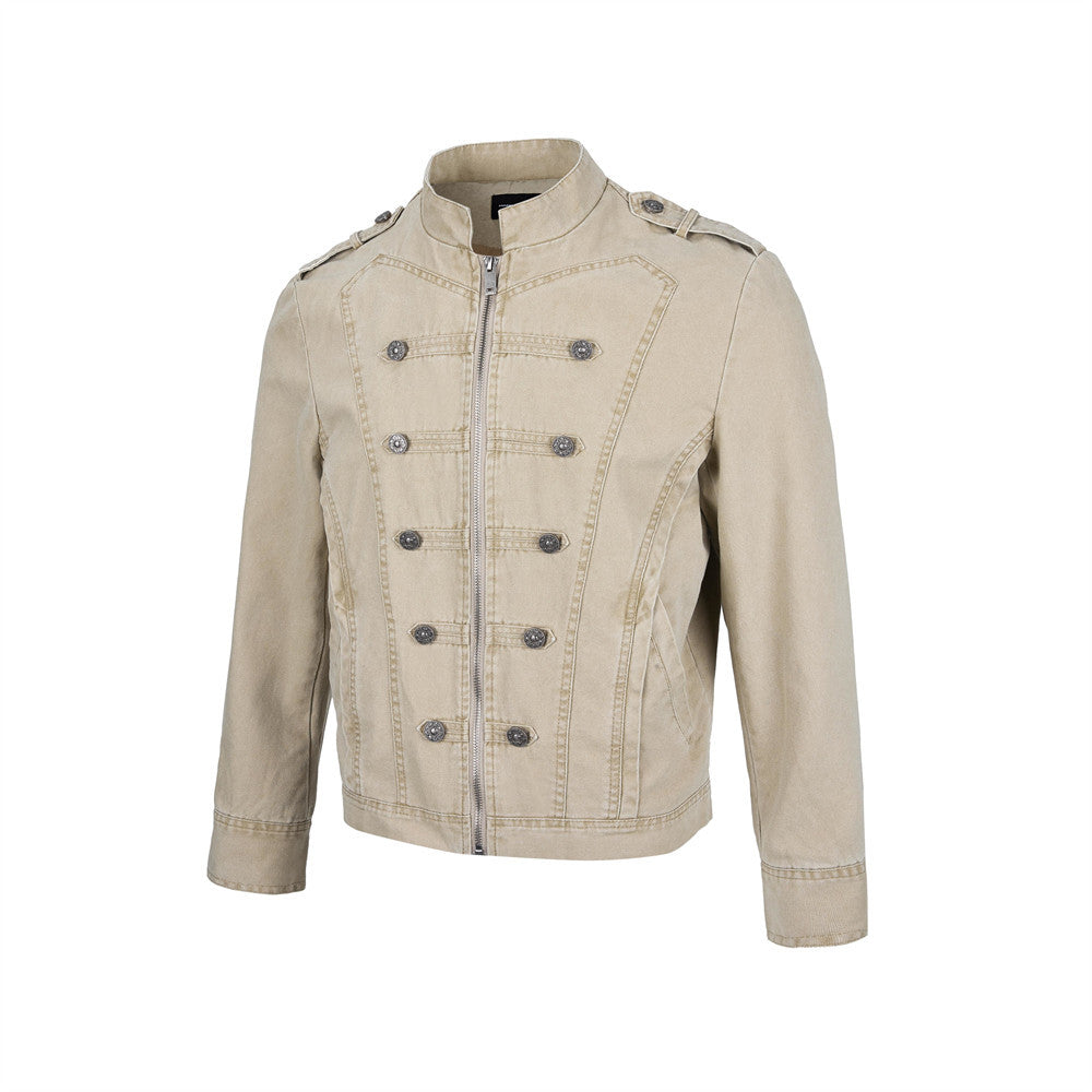 Men's Vintage Military Double-Breasted Zip Jacket with Stand Collar