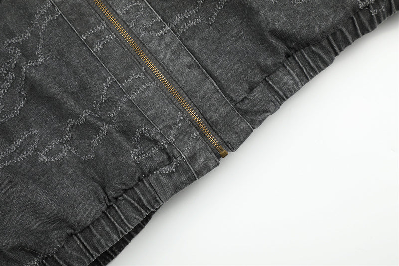 Gewaschene Denim-Pufferjacke mit Kapuze und Kunstfellbesatz – Used-Camo-Stitching