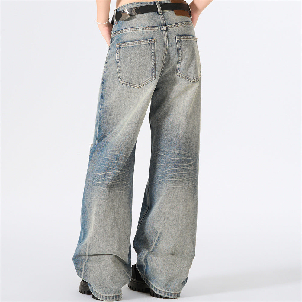Wide-Leg Distressed Jeans with Studs & Leopard Patches — Men's American Street
