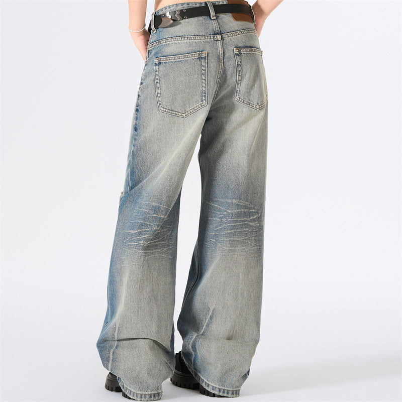 Wide-Leg Distressed Jeans with Studs & Leopard Patches — Men's American Street