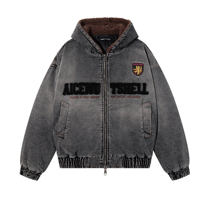 Washed Denim Padded Hoodie Jacket with Embroidered Logo & Sherpa Collar