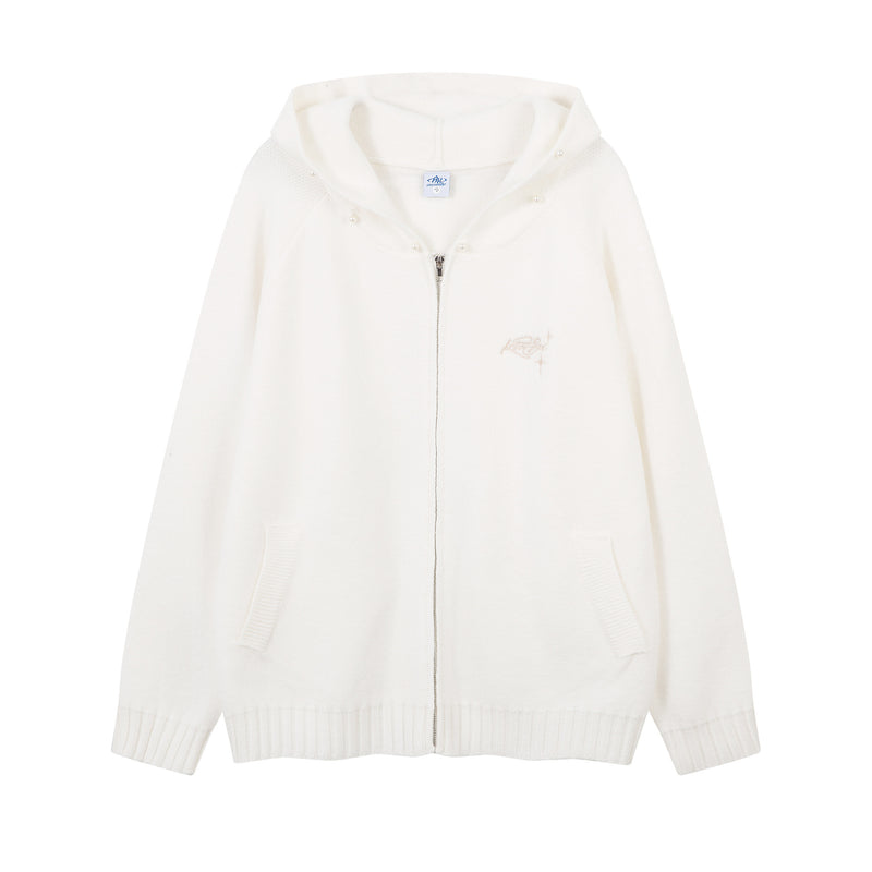 Fur-Trim Hooded Zip-Up Knit Cardigan Jacket