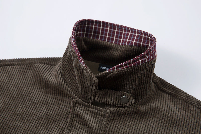 Corduroy Boxy Jacket with Plaid Contrast Lining – Retro American Style