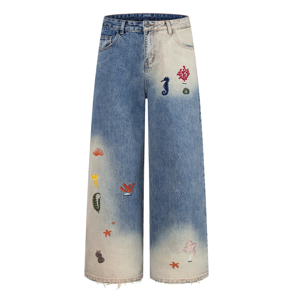 Wide-Leg Jeans with Ocean Embroidery & Gradient Wash