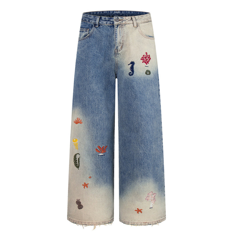Wide-Leg Jeans with Ocean Embroidery & Gradient Wash