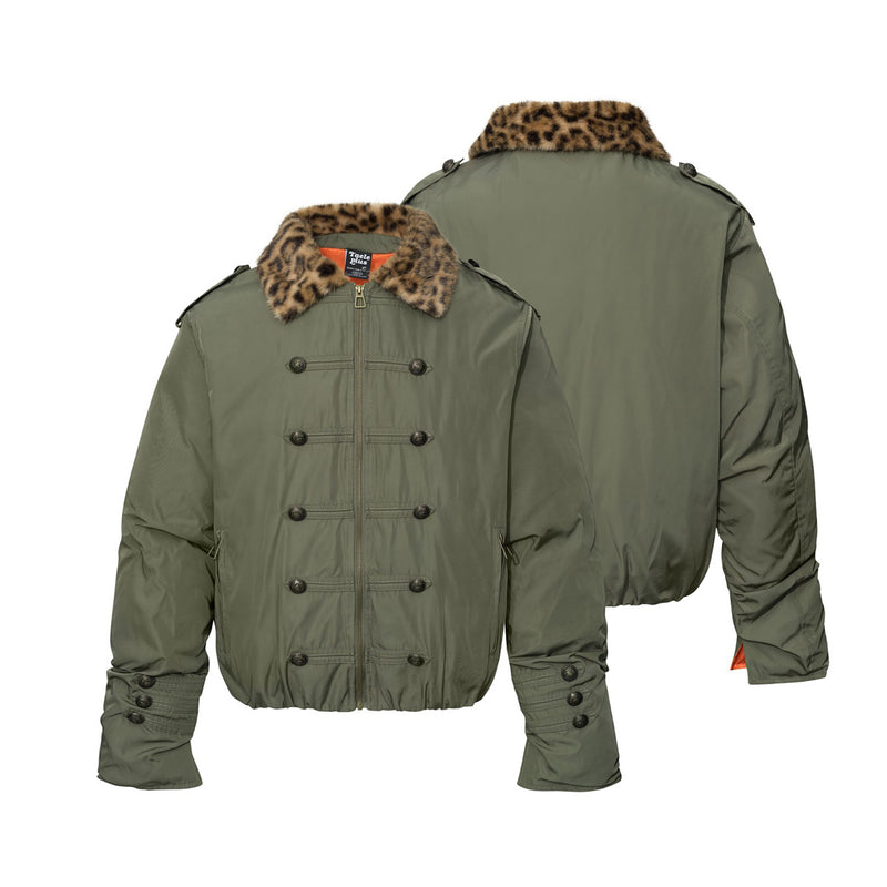 Military Bomber Jacket with Leopard Faux Fur Collar & Double-Breasted Button