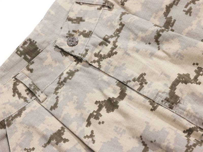 Close-up of desert camo cargo pocket flap with snap button