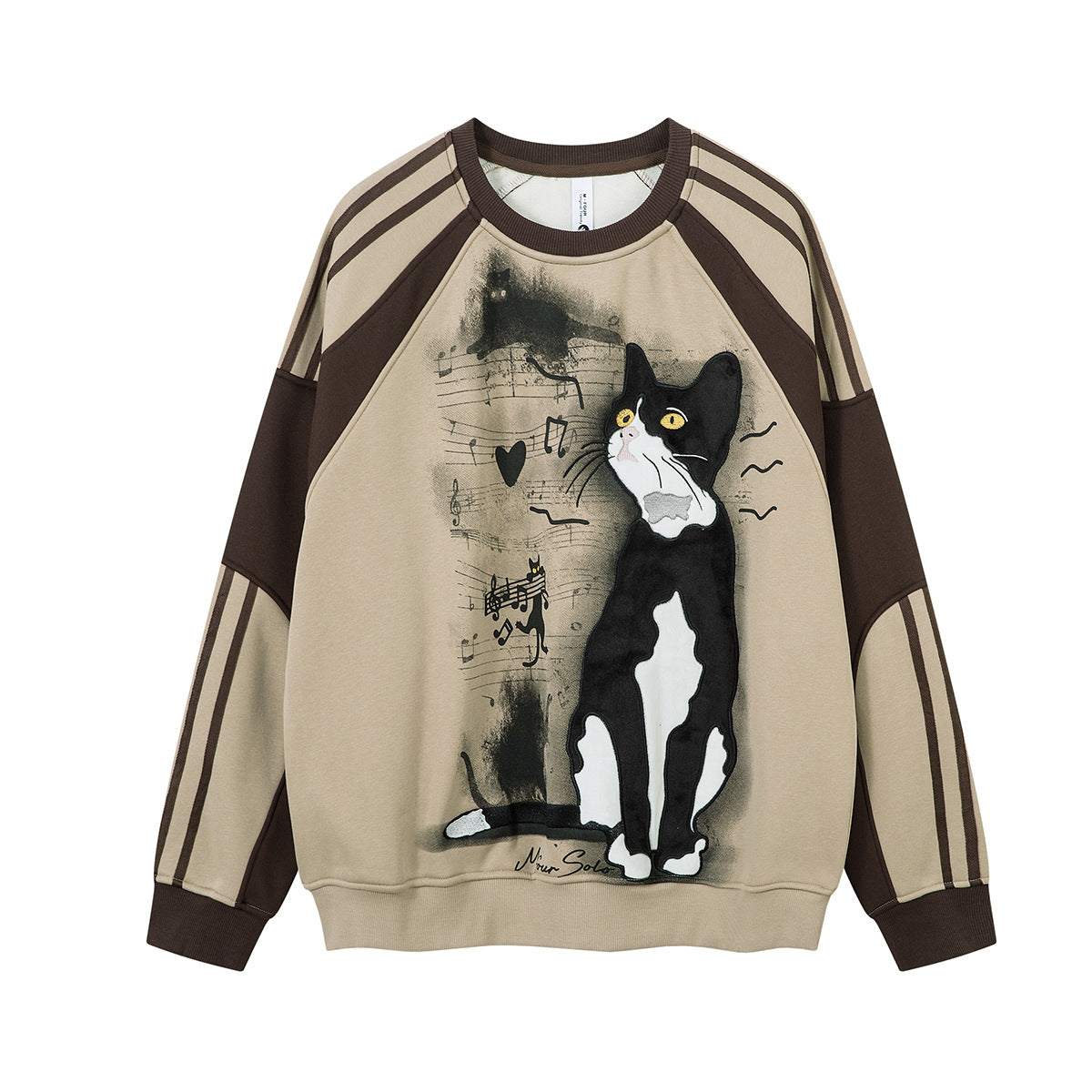 Sweat-shirt motif chat en smoking avec imprimé note de musique et manches raglan color block