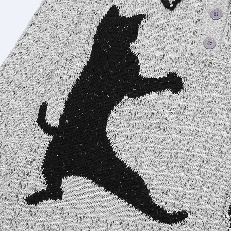 Cat Jacquard Polo Collar Openwork Knit Sweater – Unisex Korean Style