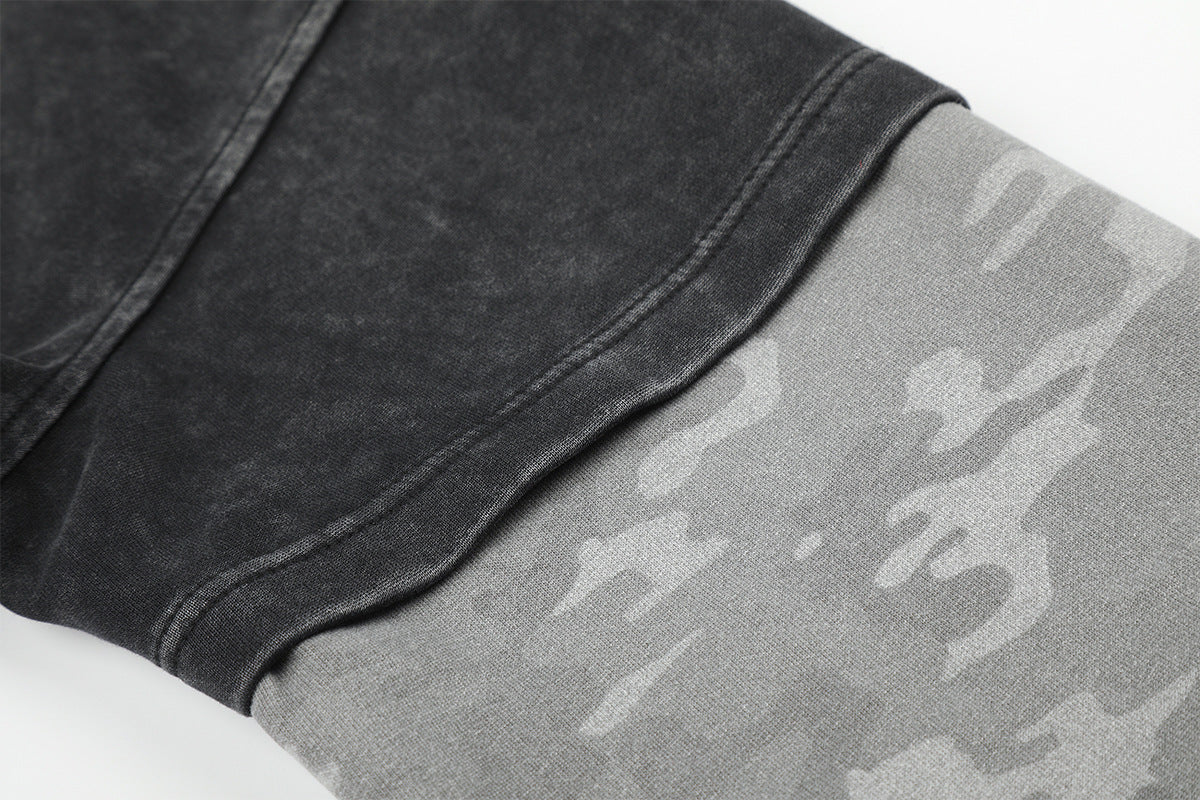 Acid Wash Zip-Up Hoodie with Camo Sleeves and Embroidered Graphic