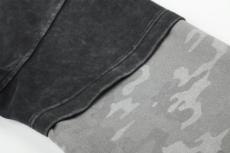 Acid Wash Zip-Up Hoodie with Camo Sleeves and Embroidered Graphic
