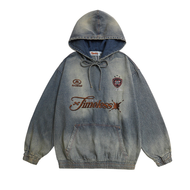 Denim Hoodie Vintage Washed Made Timeless Embroidery Oversized Fit
