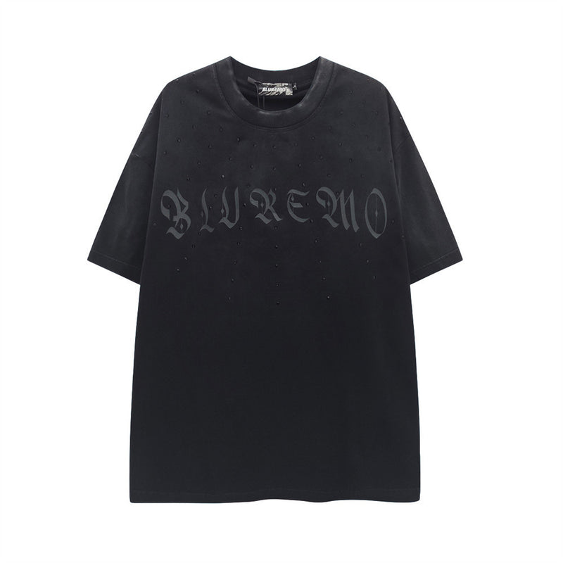 BLUREMO gothic old-English logo oversized washed black distressed streetwear t-shirt front view