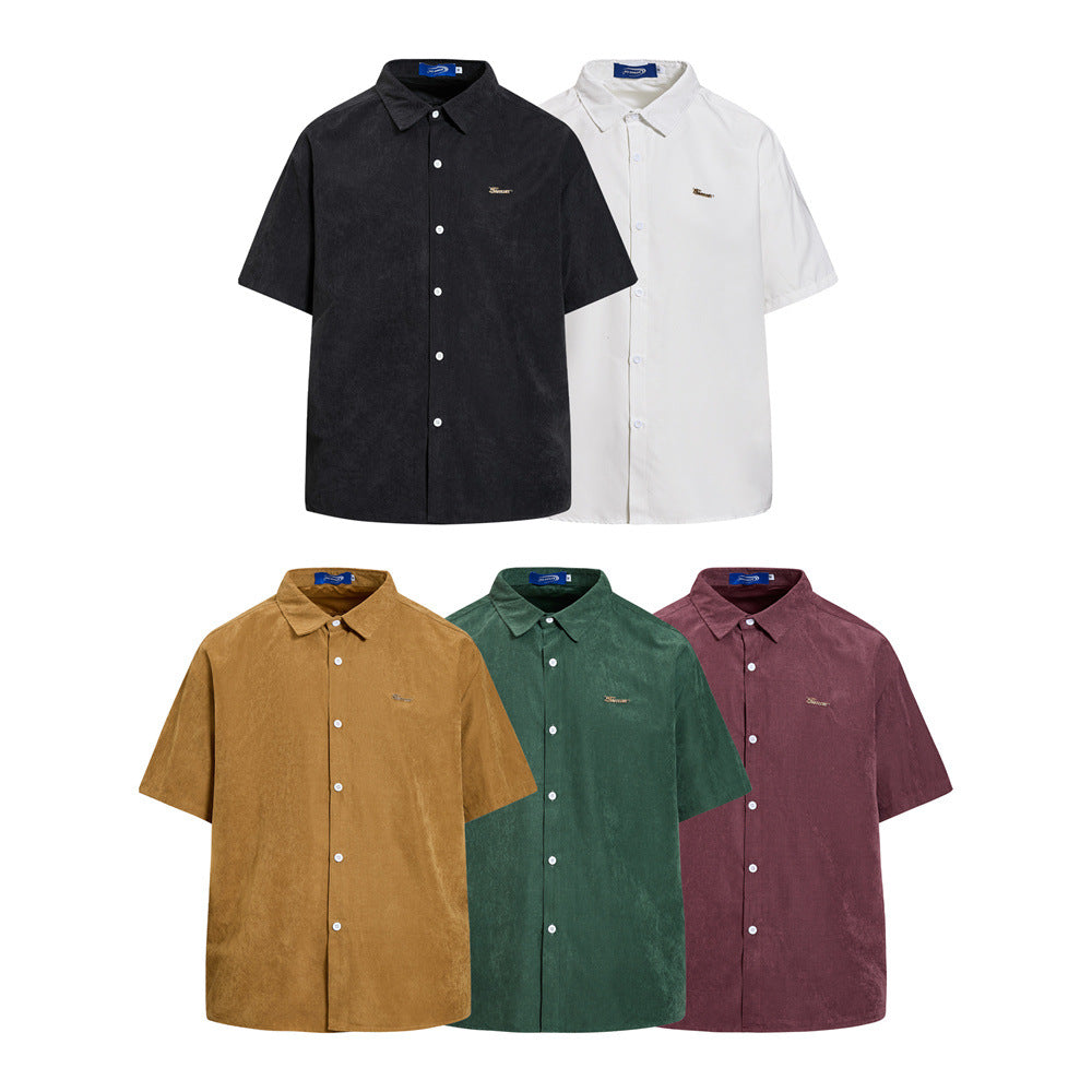 Men's Oversized Short Sleeve Button-Up Shirt – Casual Solid Suede-Texture