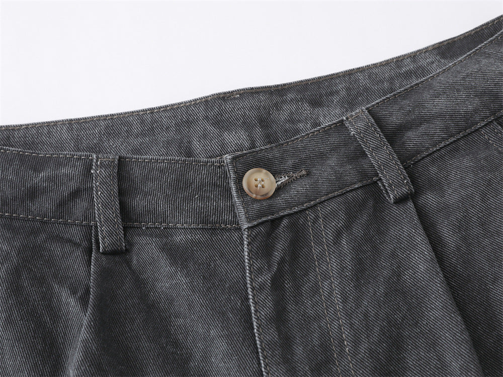 Wide-Leg Washed Denim Jeans – Relaxed High-Street Pleated Trousers