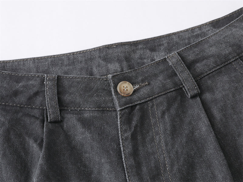 Wide-Leg Washed Denim Jeans – Relaxed High-Street Pleated Trousers