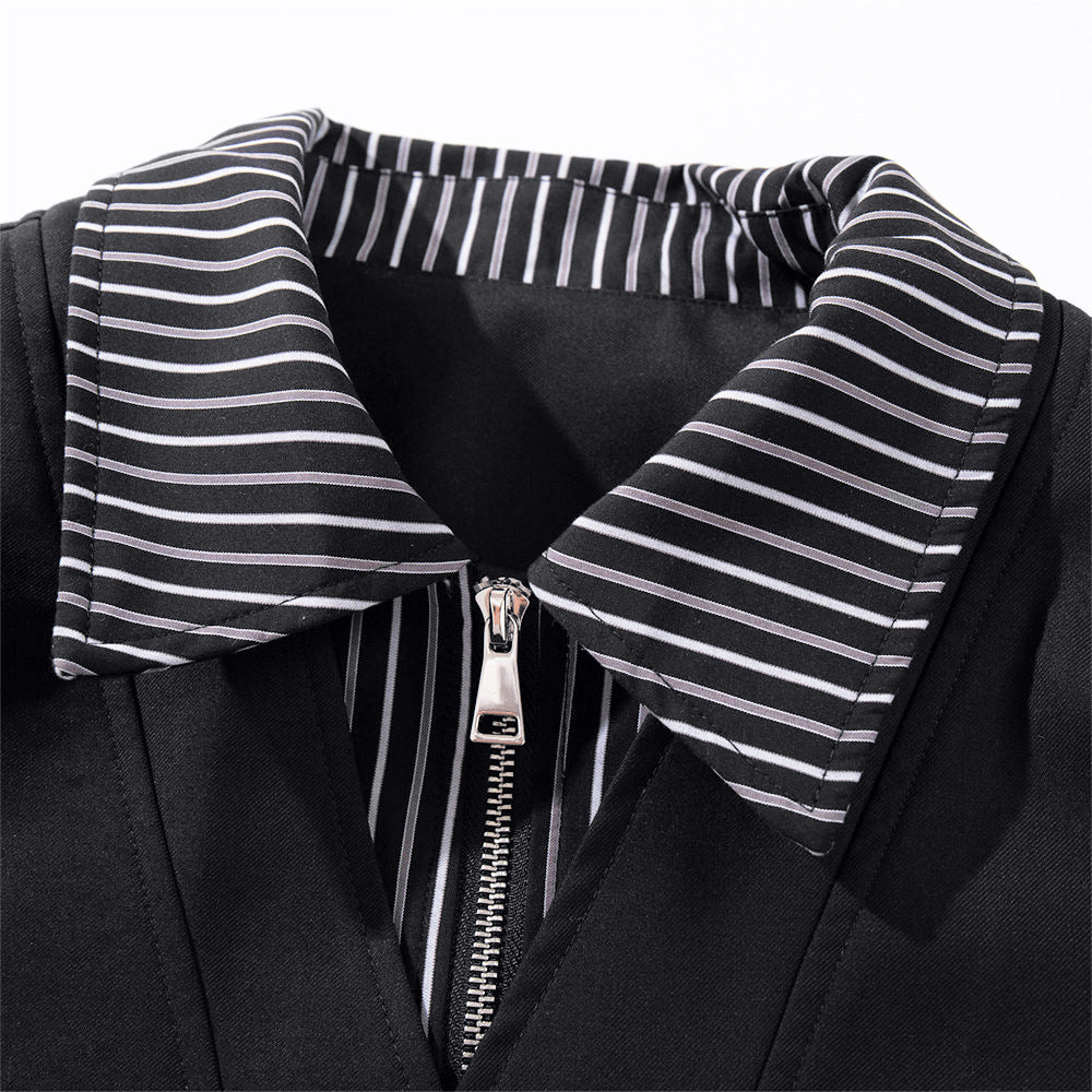 Men's Black Bomber Jacket with Striped Layered Collar