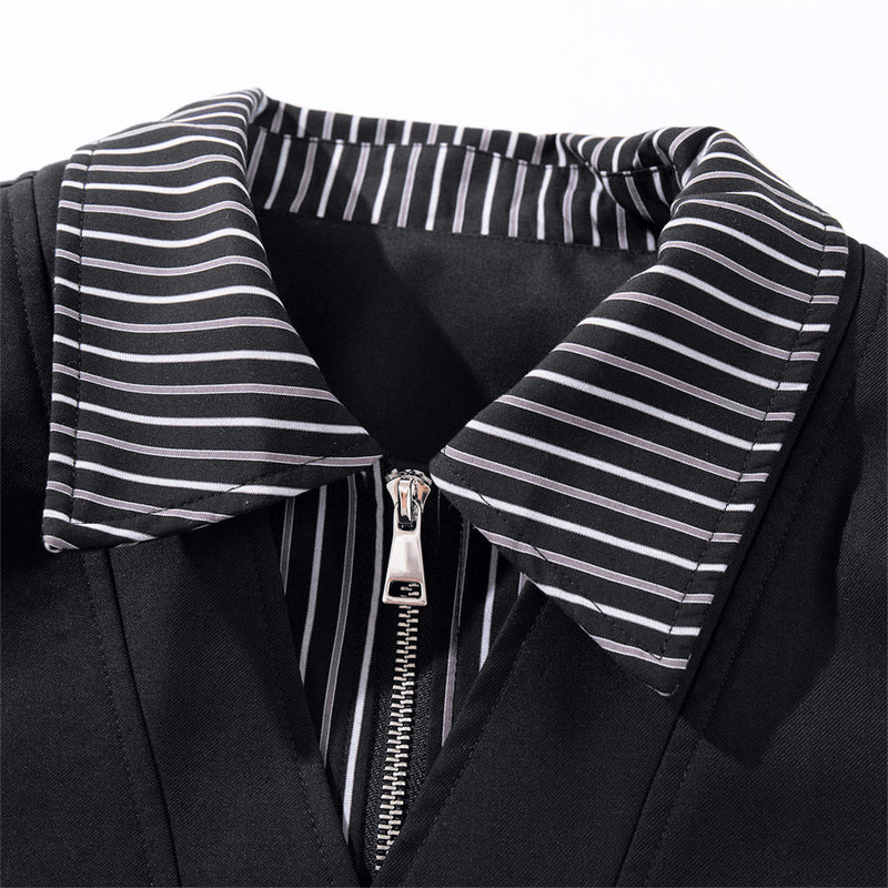 Men's Black Bomber Jacket with Striped Layered Collar