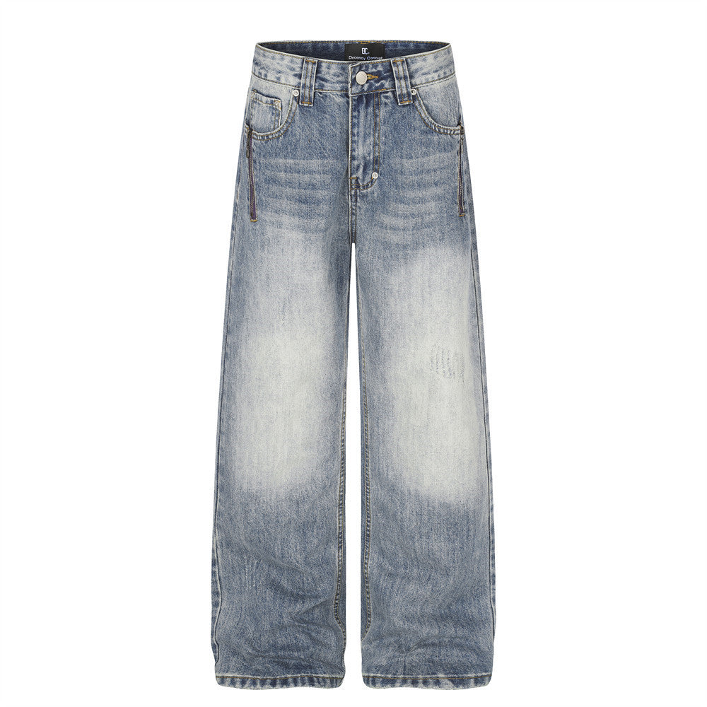 Jean homme baggy à jambes larges en denim bleu délavé, avec détail de poche zippée, vues de face et de dos