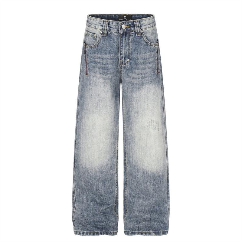 Jean homme baggy à jambes larges en denim bleu délavé, avec détail de poche zippée, vues de face et de dos