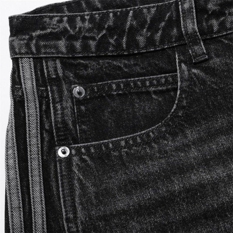 Wide Leg Dad Jeans – Washed Black Denim with Side Stripe Detail