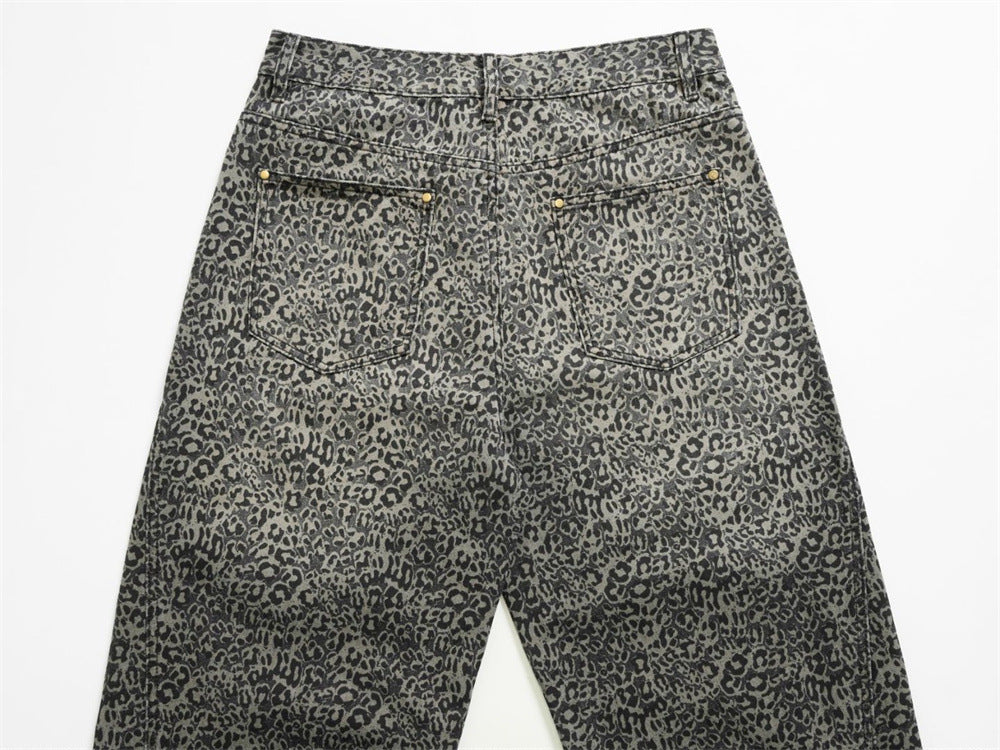 Leopard Print Wide-Leg Jeans – Vintage Washed Oversized Baggy Denim Pants